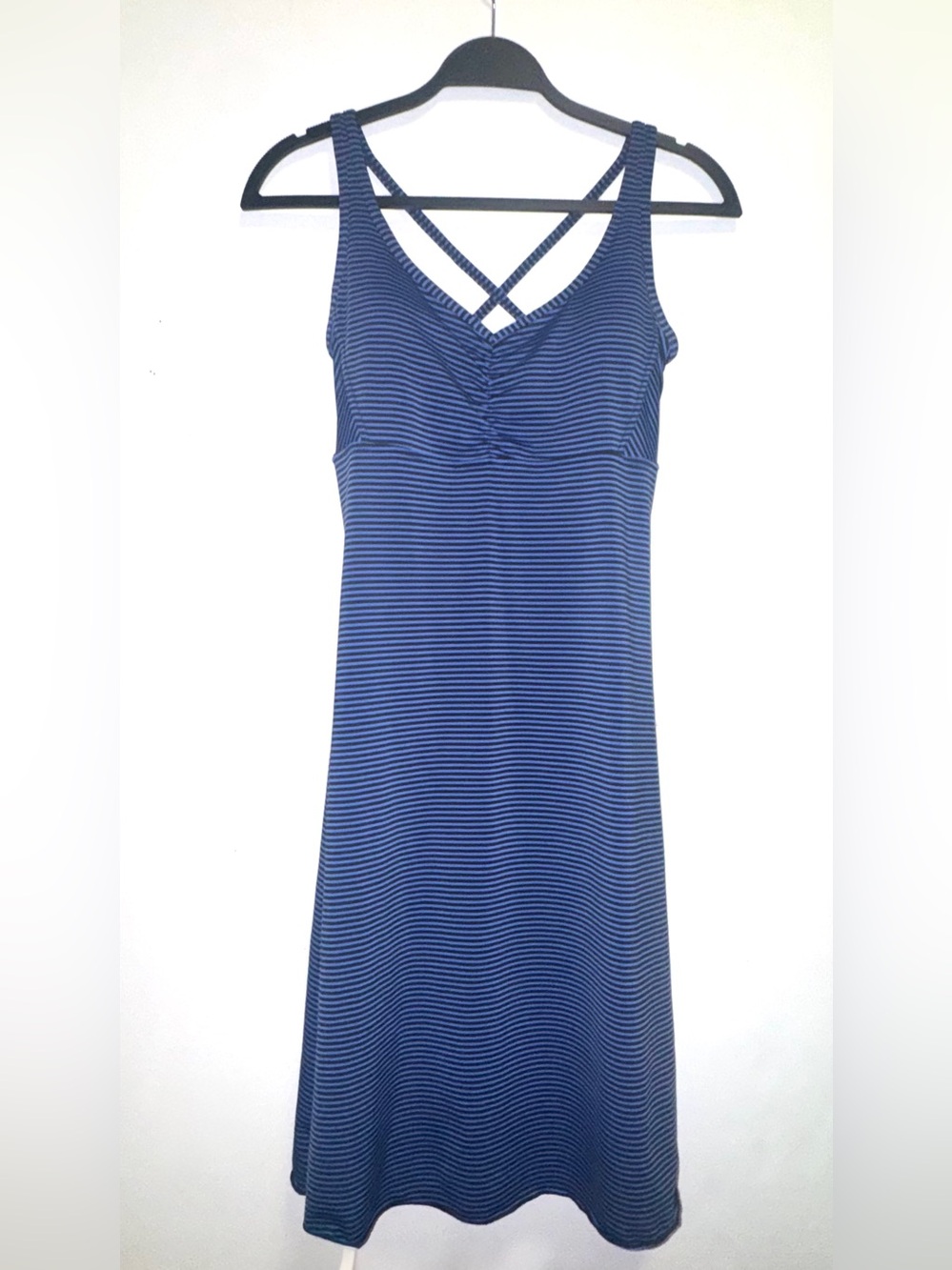 PrAna Dress Blue Black Striped Strappy Criss Cross Back. Built in Bra Sz.Small - Picture 7 of 16